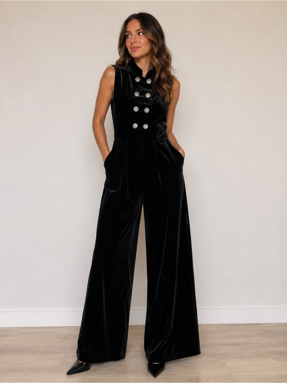 Disturbia Black Velvet Wide Leg Jumpsuit Size 2 Military Button Gothic Pockets